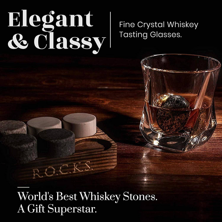 Whiskey Chilling Stones Gift Set With 2 Twist Crystal Glasses