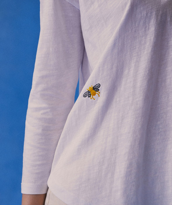 Bee Embroidered Slub T-Shirt White-FREE CARRIAGE