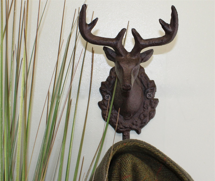 Rustic Cast Iron Wall Hooks, Single Stag Bust