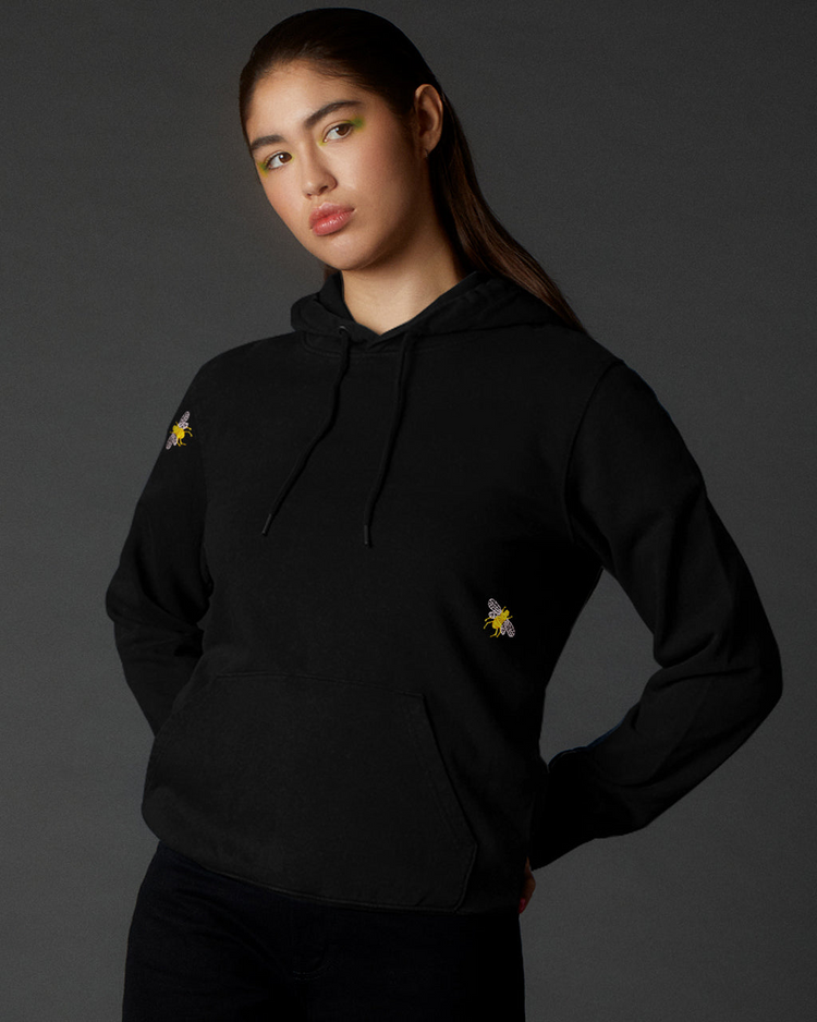 Bee Embroidered Hoodie Black-Free Delivery