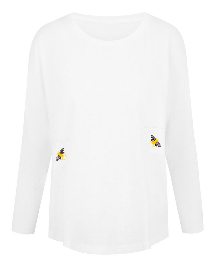 Bee Embroidered Slub T-Shirt White-FREE CARRIAGE