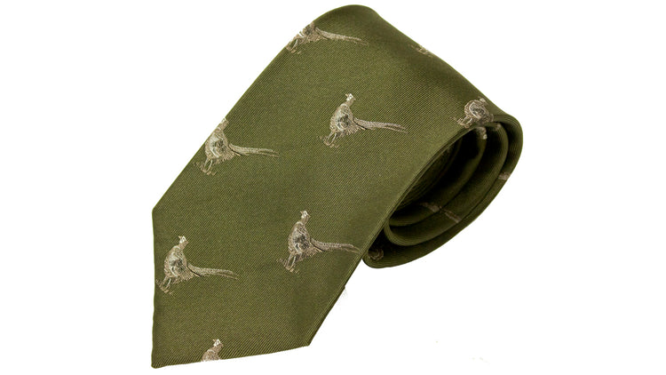 No.17 Tie Green Pheasants Silk by Bisley
