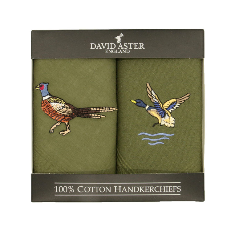 Dalaco Pheasant & Duck Embroidered Green Cotton Handkerchiefs.