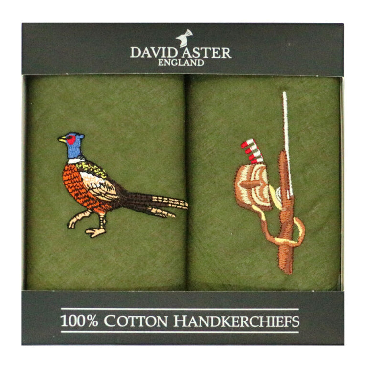 Dalaco Pheasant & Gun Embroidered Green Cotton Handkerchief.