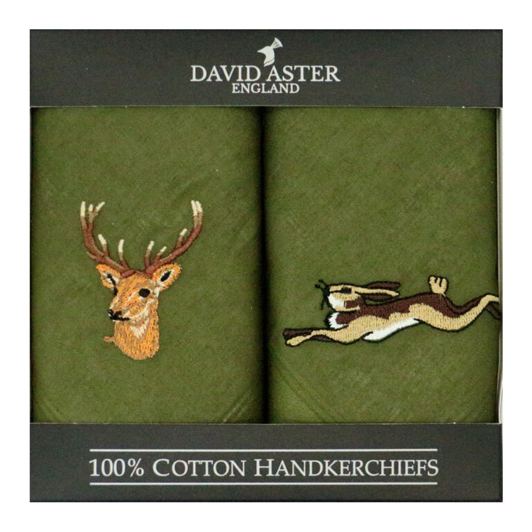 Dalaco Stag & Hare Embroidered Green Cotton Handkerchiefs.