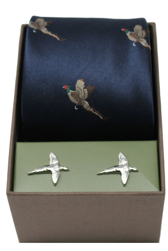 Flying Pheasants on Navy Ground Tie and Cufflink Set