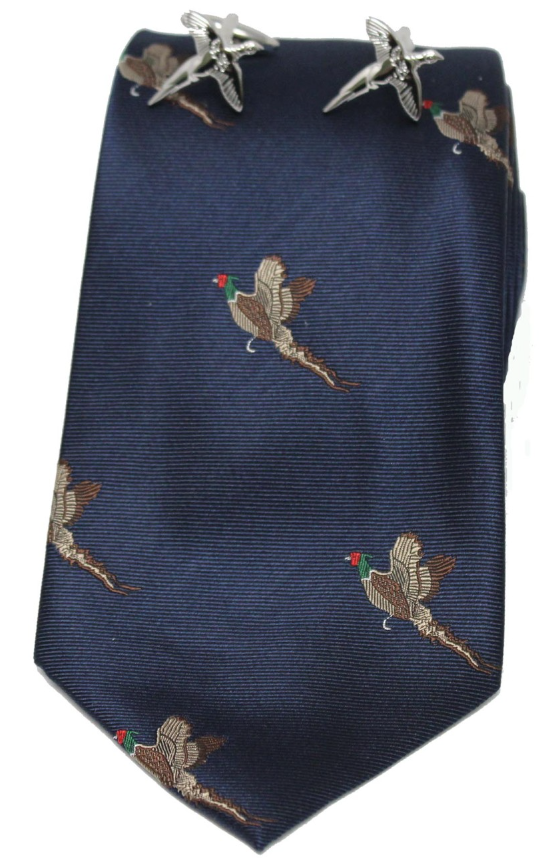 Soprano Flying Pheasants on Navy Ground Tie and Cufflink Set.