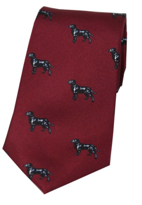 Soprano Black Labradors on Wine Ground Country Silk Tie.