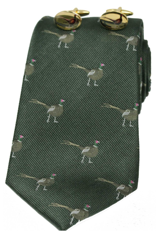 Soprano Standing Pheasant On Green Ground Tie Cufflink Set.