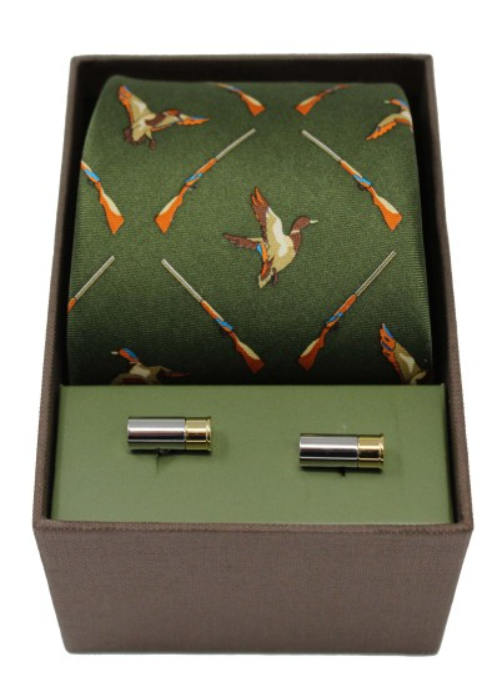 Soprano Green Flying Ducks And shotgun Cartridge Tie & Cufflink Set