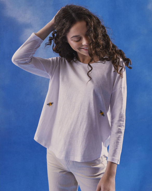 Bee Embroidered Slub T-Shirt White-FREE CARRIAGE