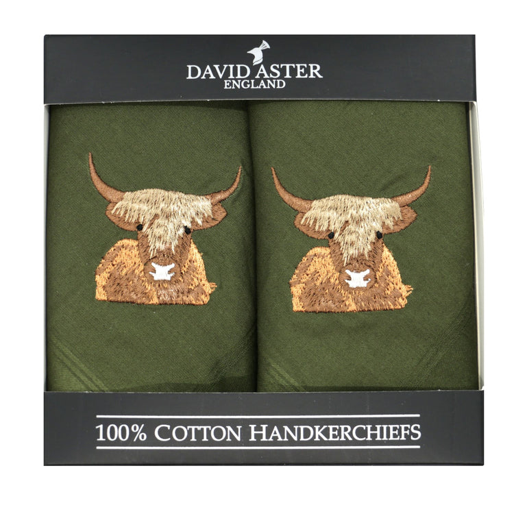 Dalaco Highland Cow Embroidered Green Cotton Handkerchiefs.